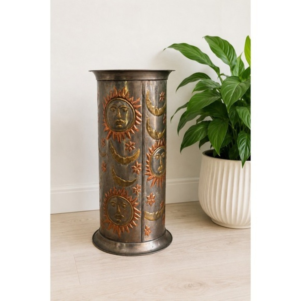 Vintage Celestial Sun Moon Stars Umbrella Stand Tin Floor Vase Boho Decor 18"